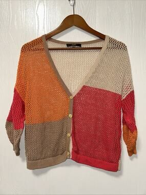 Avec Fishnet Cardigan Sweater Womens L Color block Crochet Boho Beach Artsy